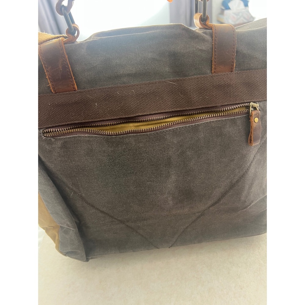Mens Waxed Canvas Messenger Bag Leather Trim Laptop Satchel Charcoal Gray Brown - Picture 12 of 12